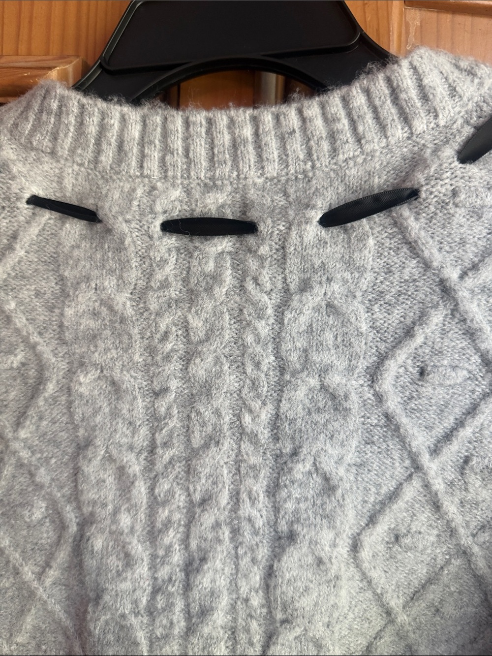 Wayf Light Gray Cable Knit Cardigan with Ribbon Detail and pearl buttons NWT - Picture 6 of 7